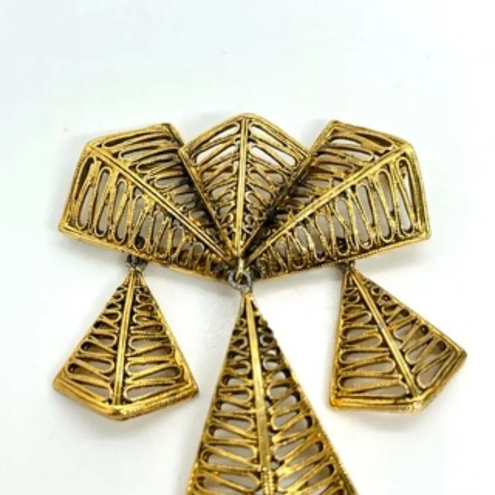 VINTAGE VENDOME BROOCH Articulated Gold Tone Modernist Geometric Dangle Pin